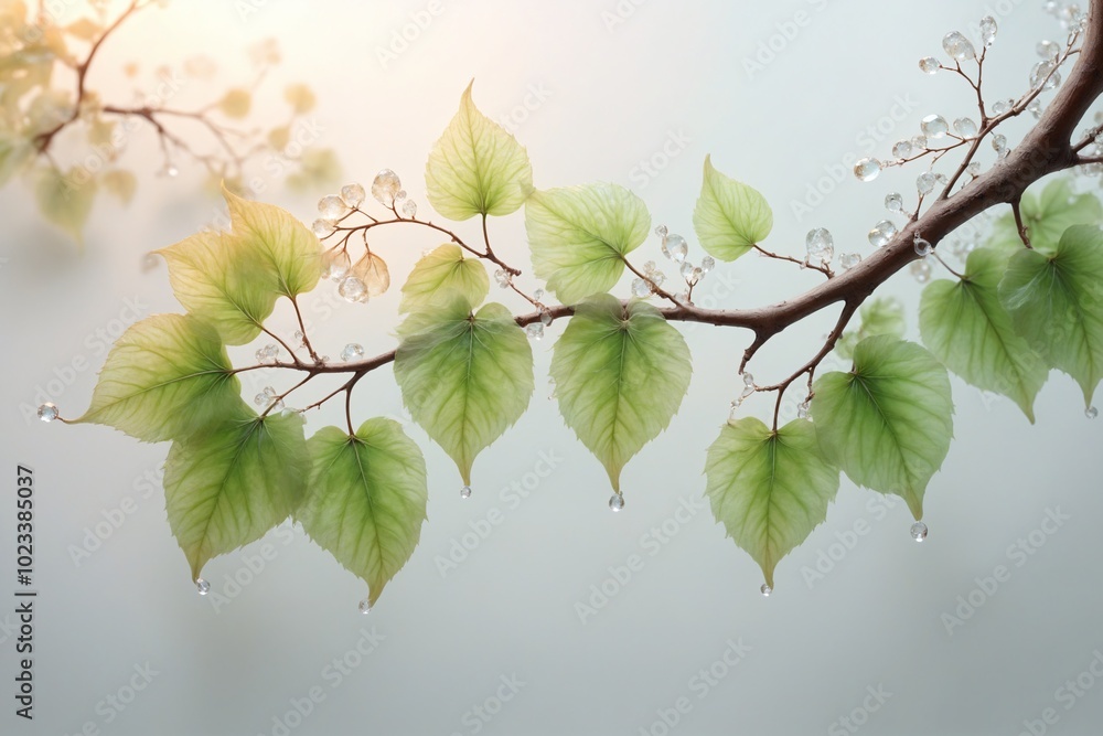 Delicate Branch with Green Leaves and Water Drops on a Light Background Delicate Branch with Green Leaves and Water Drops on a Light Background