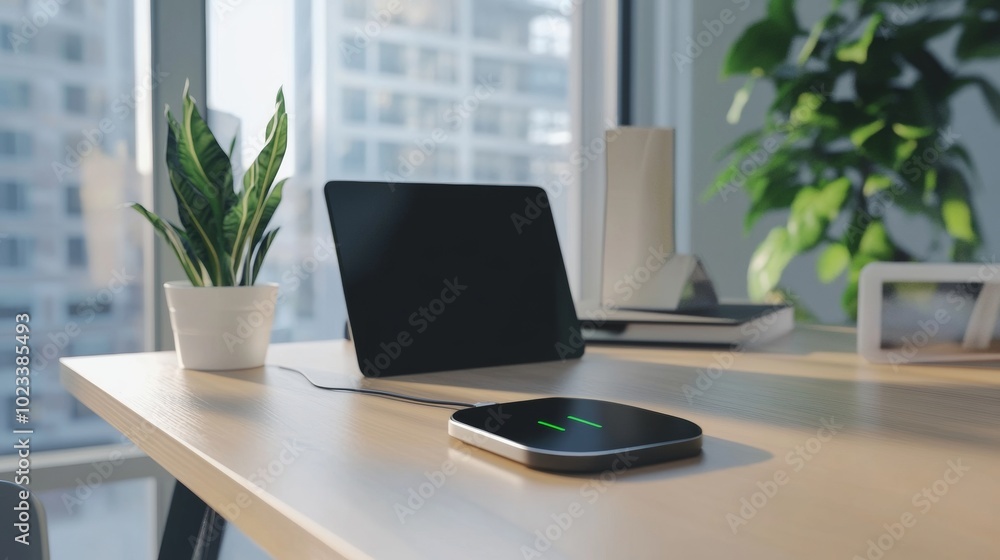 A laptop sits on a desk next to a plant A laptop sits on a desk next to a plant
