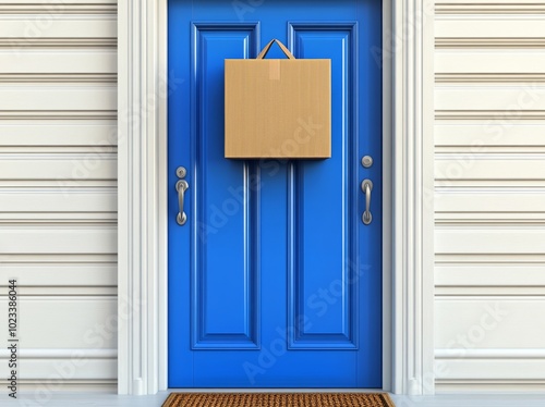 Deliveries of online orders outside the door. Cardboard boxes delivered to the front door. 3D rendering of parcels near the entrance door.