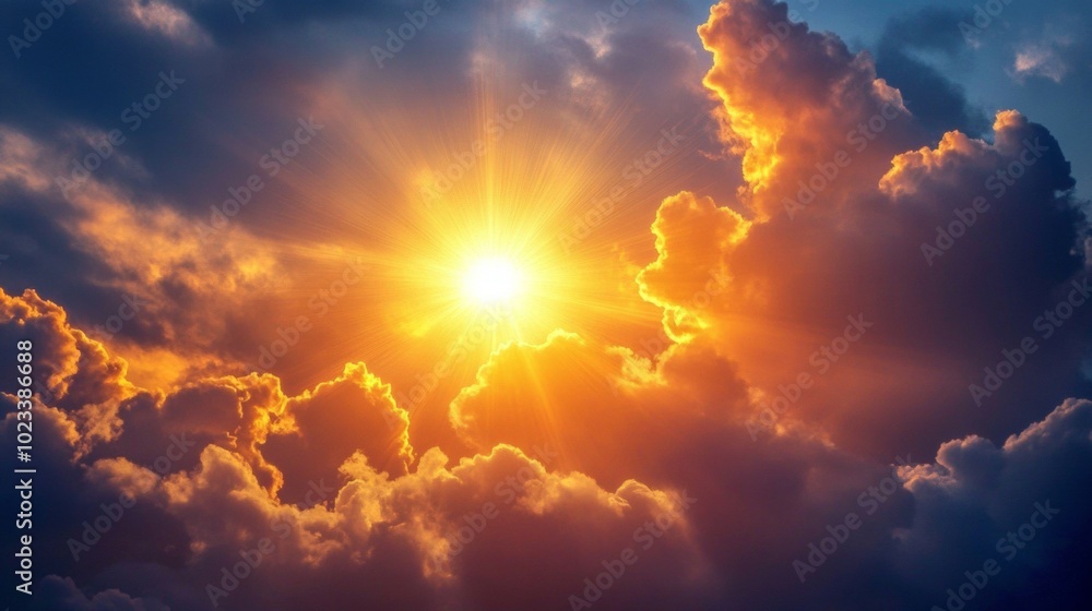 Fototapeta premium The sun is shining through the clouds, creating a beautiful and serene scene