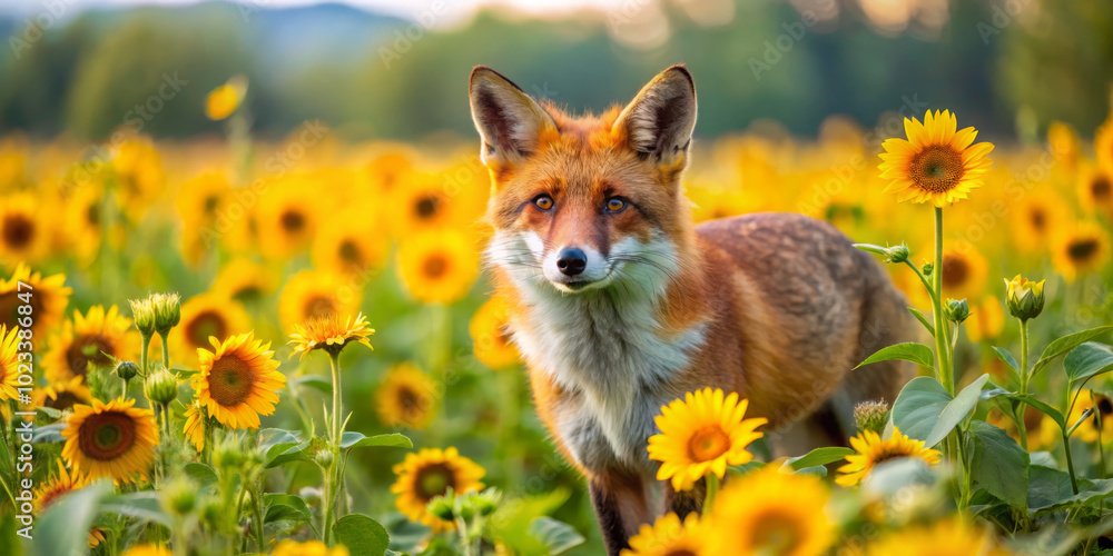 Fototapeta premium red fox exploring vibrant field of sunflowers, surrounded by bright yellow blooms and lush greenery, creates picturesque and serene scene