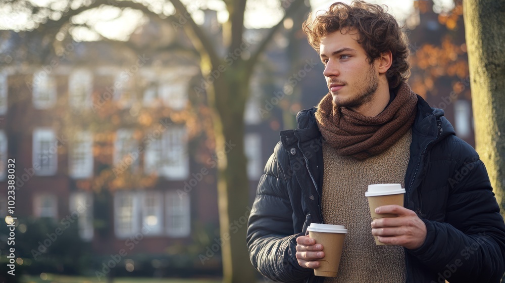 a student holding a coffee cup, standing or sitting in a relaxed environment, a student holding a coffee cup, standing or sitting in a relaxed environment,