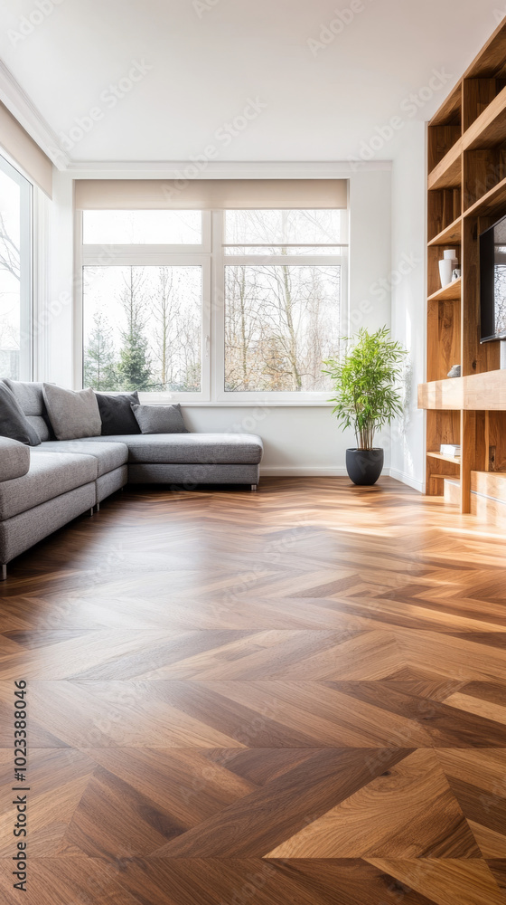 Obraz premium Spacious living room with a large window and a herringbone pattern wooden floor.