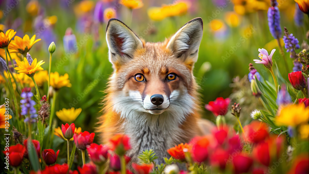 Fototapeta premium red fox gazes curiously through vibrant field of colorful flowers, surrounded by blooming petals in various shades. scene captures beauty of nature and charm of wildlife