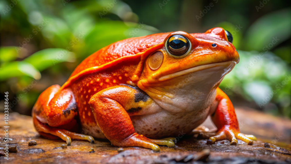 Fototapeta premium vibrant tomato frog sits on wet surface, showcasing its bright red color and distinctive features. This amphibian is surrounded by lush greenery, creating serene natural setting