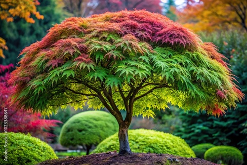 Green red leaves of Acer palmatum dissectum Ornatum Laceleaf Japanese Maple tree silhouette photo