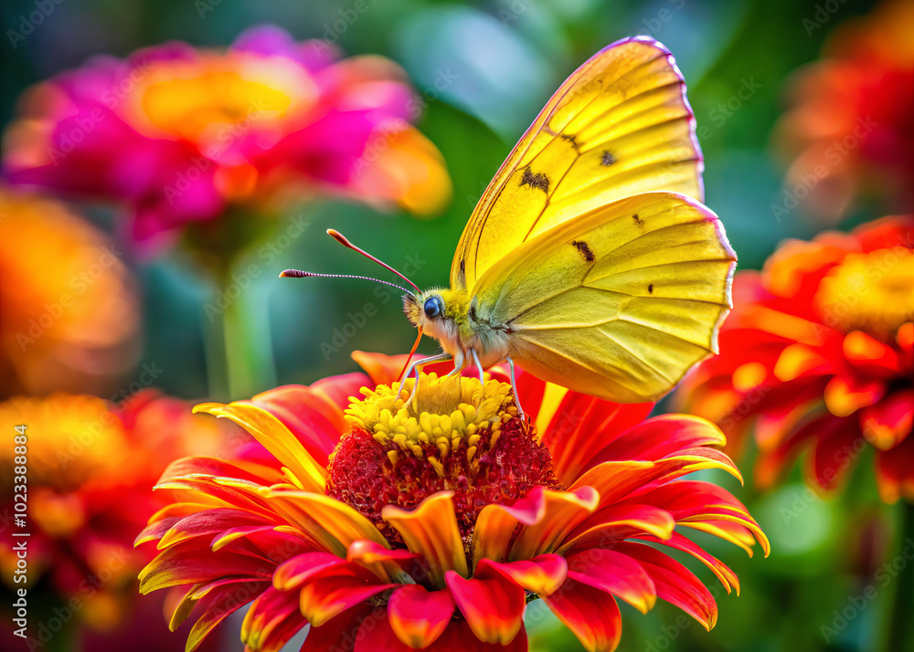 Obraz premium bright yellow butterfly rests gracefully on vibrant flower, showcasing its delicate wings amidst colorful garden. scene radiates beauty and tranquility
