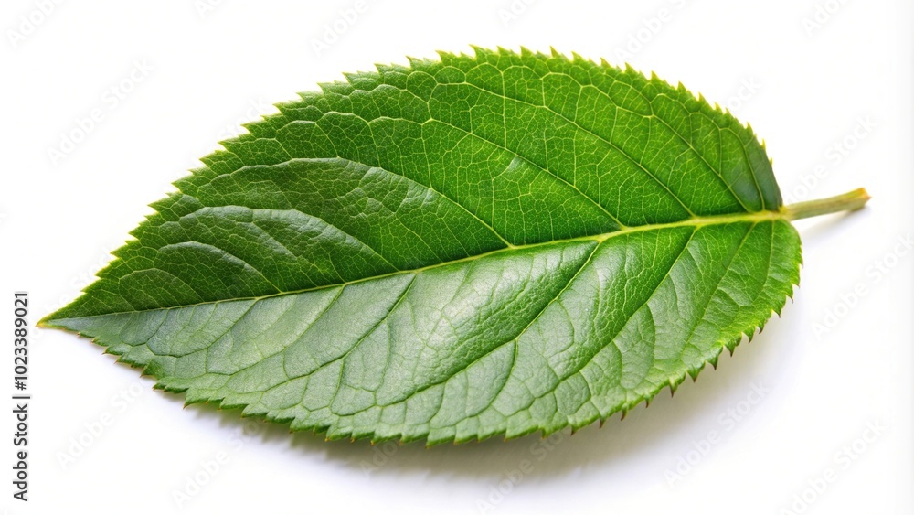 Fototapeta premium Green rose leaf on white background tilted angle
