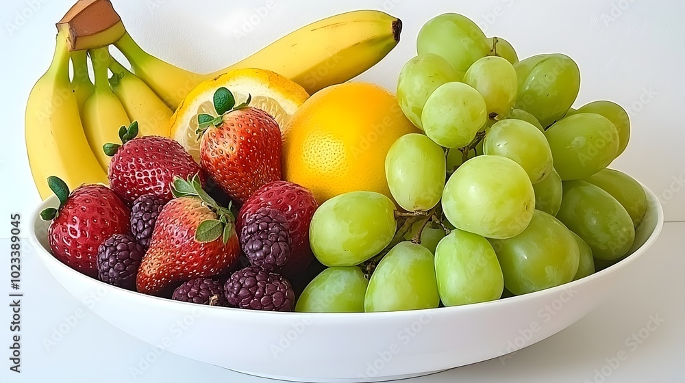 Photograph showcasing a bowl of vibrant ripe fruit placed on a kitchen counter against a clean white background  The image emphasizes the natural beauty and healthy qualities of the produce