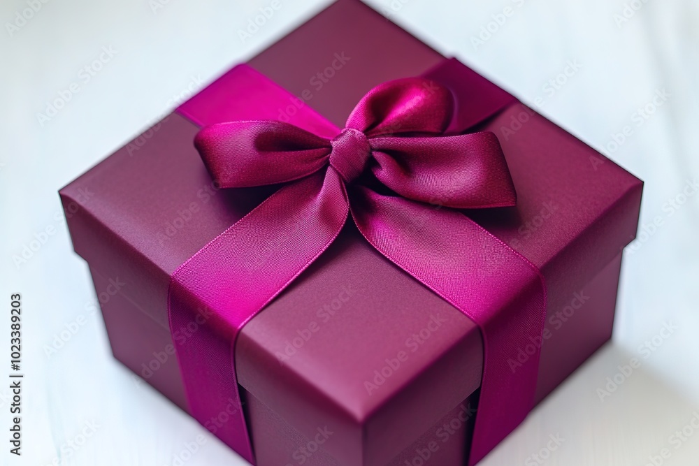 Purple gift box with satin ribbon on white surface Purple gift box with satin ribbon on white surface