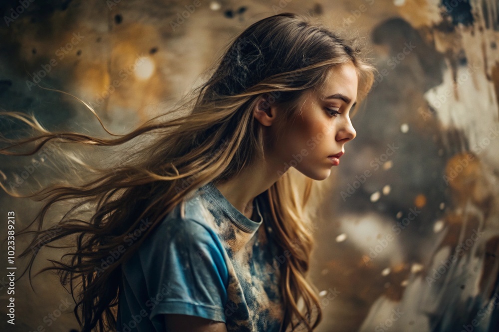 Portrait of a beautiful, young girl with a thoughtful look. The hair develops and creates a feeling of lightness and naturalness. Portrait of a beautiful, young girl with a thoughtful look. The hair develops and creates a feeling of lightness and naturalness.