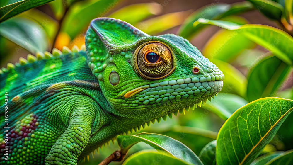 Fototapeta premium vibrant green chameleon rests among lush foliage, showcasing its unique texture and colors. intricate details of its skin and vivid surroundings create captivating scene