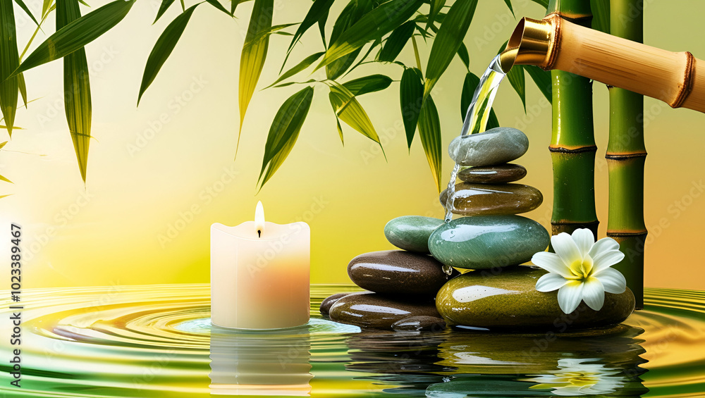 zen spa stones on water and bamboo with white flower abstract background/ spa, zen garden, yoga meditation & Ayurvedic, aroma therapy concept copy space image