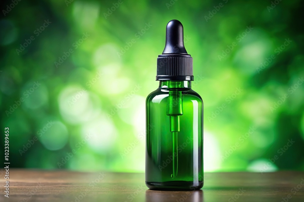 Green serum bottle with black dropper Extreme Close-Up Green serum bottle with black dropper Extreme Close-Up