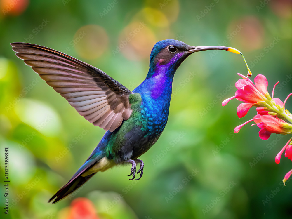 vibrant purple throated carib hummingbird is gracefully extracting nectar from bright pink flower, showcasing its stunning plumage and delicate features in lush green environment vibrant purple throated carib hummingbird is gracefully extracting nectar from bright pink flower, showcasing its stunning plumage and delicate features in lush green environment