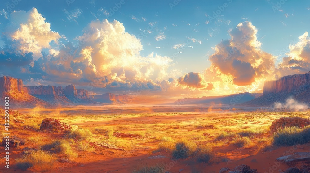 golden sunlight illuminating a vast tranquil desert landscape blending azure skies with golden sands evoking a peaceful and warm morning ambiance golden sunlight illuminating a vast tranquil desert landscape blending azure skies with golden sands evoking a peaceful and warm morning ambiance