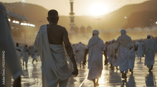 Tranquil Gathering of Devoted Muslim Pilgrims in Ihram Garments Preparing for Hajj - Unity and Equality in Spiritual Journey photo