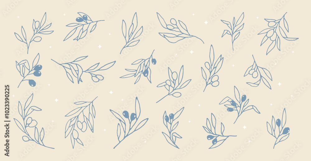 Fototapeta premium Elegant botanical graphic set. Hand drawn monogram olive branch stickers. Rustic clipart ink leaves in vintage line art style. Great for logos, greeting cards or wedding invitations. 