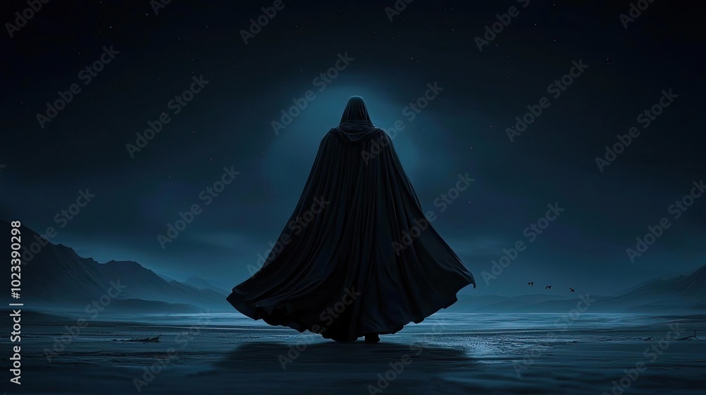 A mysterious figure cloaked in darkness stands alone in an eerie landscape, invoking a sense of suspense and intrigue. A mysterious figure cloaked in darkness stands alone in an eerie landscape, invoking a sense of suspense and intrigue.