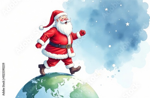 Santa is walking around the planet. The idea of the New Year across the earth, the idea of the fragility of the world and the beauty of planet Earth