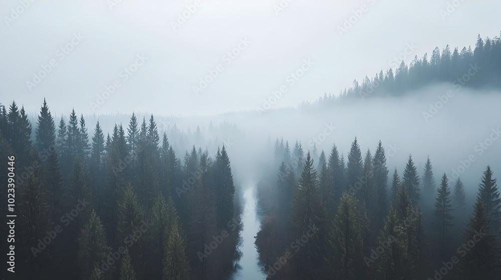 Fototapeta Tranquil forest river winding its way through a dense lush wilderness landscape creating a serene and captivating natural scene