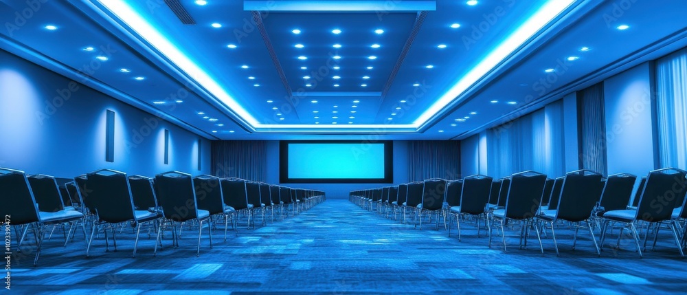 Fototapeta premium Spacious futuristic conference hall with blue ambient lighting and oversized screen, wide-angle shot