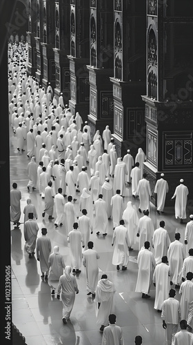 Tranquil Gathering of Devoted Muslim Pilgrims in Ihram Garments Preparing for Hajj - Unity and Equality in Spiritual Journey photo