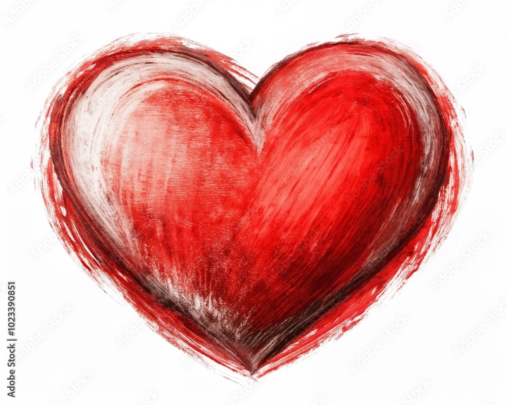 Red Painted Heart with Artistic Brushstrokes on White Background Red Painted Heart with Artistic Brushstrokes on White Background