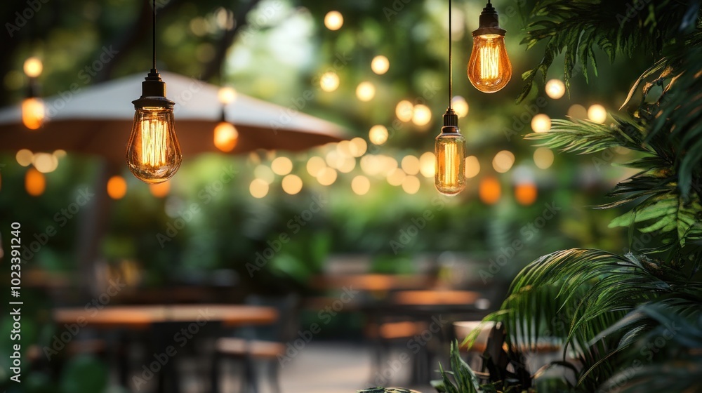 A cozy outdoor setting with string lights, tables, and lush greenery for relaxation. A cozy outdoor setting with string lights, tables, and lush greenery for relaxation.