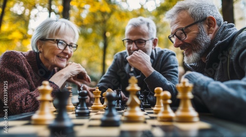 Three people are playing a game of chess