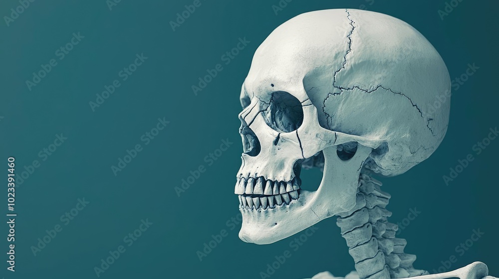 Detailed side profile of a human skull emphasizing anatomical features and the intricate structure of bones. Detailed side profile of a human skull emphasizing anatomical features and the intricate structure of bones.