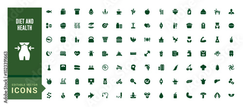 Set of filled icons related to diet and health, mental health and more, glyph icon collection for web and ui. Filled symbol pack, Editable and Vector illustration.