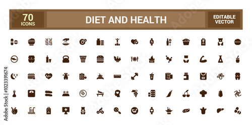 Set of filled icons related to diet and health, mental health and more, glyph icon collection for web and ui. Filled symbol pack, Editable and Vector illustration.
