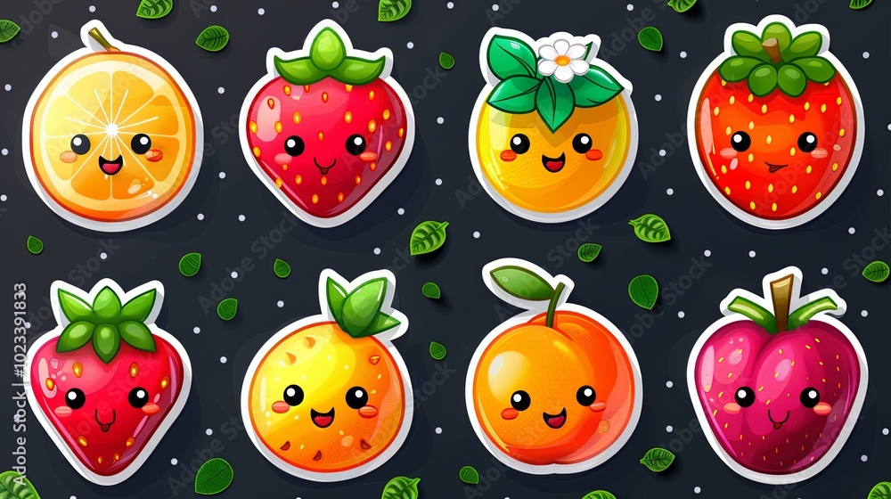 Set of sticker comic character fruit and phrase. Groovy strawberry flower peach in 60s 70s. Retro labels with trendy food Set of sticker comic character fruit and phrase. Groovy strawberry flower peach in 60s 70s. Retro labels with trendy food