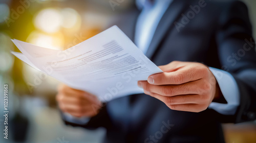 A close-up of a businessman in a suit carefully reviewing paperwork, set against a blurred office background. The image symbolizes professionalism, business decisions, and corporate communication.