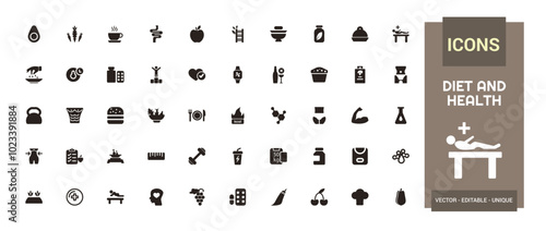 Set of filled icons related to diet and health, mental health and more, glyph icon collection for web and ui. Filled symbol pack, Editable and Vector illustration.