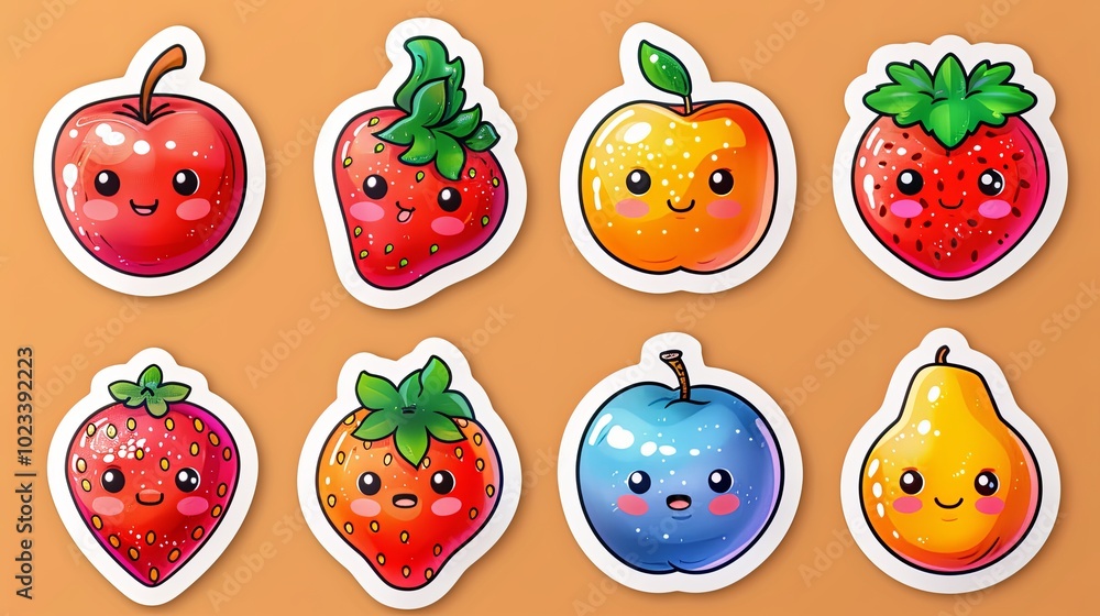 Set of sticker comic character fruit and phrase. Groovy strawberry flower peach in 60s 70s. Retro labels with trendy food Set of sticker comic character fruit and phrase. Groovy strawberry flower peach in 60s 70s. Retro labels with trendy food