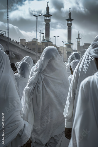 Tranquil Gathering of Devoted Muslim Pilgrims in Ihram Garments Preparing for Hajj - Unity and Equality in Spiritual Journey photo