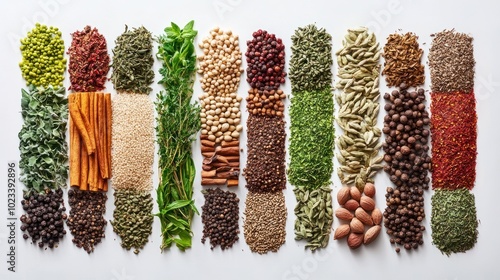 Fototapeta Naklejka Na Ścianę i Meble -  A collection of sustainable herbs and spices, sourced from eco-friendly farms, 