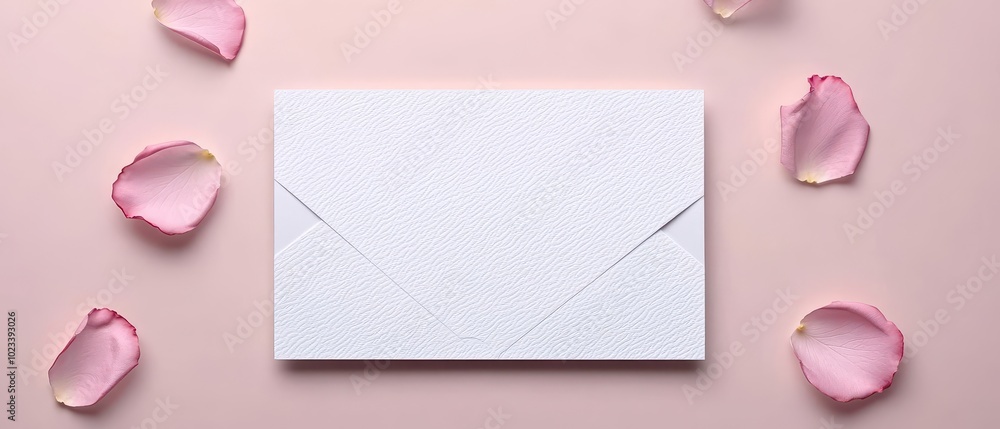Elegant white envelope surrounded by pink rose petals on a soft pink background. Elegant white envelope surrounded by pink rose petals on a soft pink background.