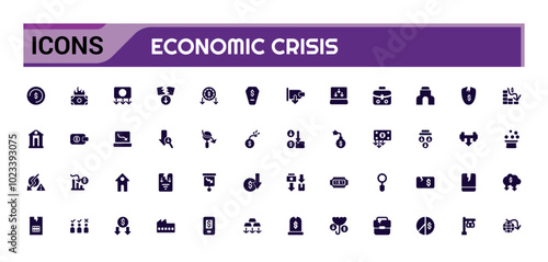 Economic crisis solid web icons set, decrease, layoff, pay cuts and more. Glyph icon collection for web and ui. Filled symbol pack, Editable and Vector illustration.