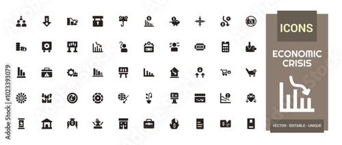 Economic crisis solid web icons set, decrease, layoff, pay cuts and more. Glyph icon collection for web and ui. Filled symbol pack, Editable and Vector illustration.