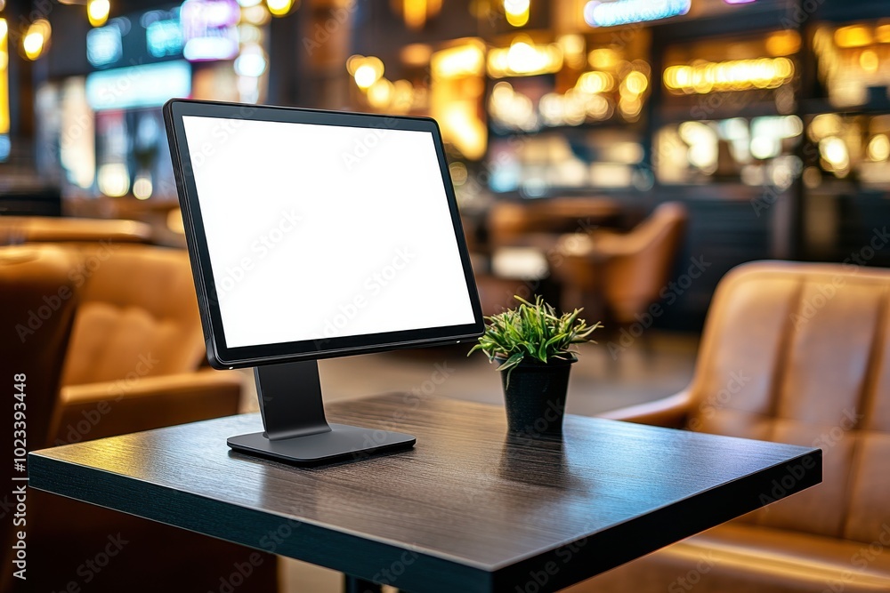 Black screen mockup of a digital computer display in a coffee shop with white space for ads Black screen mockup of a digital computer display in a coffee shop with white space for ads