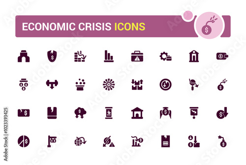 Economic crisis solid web icons set, decrease, layoff, pay cuts and more. Glyph icon collection for web and ui. Filled symbol pack, Editable and Vector illustration.