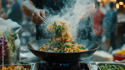 Fototapeta Naklejka Na Ścianę i Meble -  Stir frying vegetables and meat creates flavorful dish with steam rising