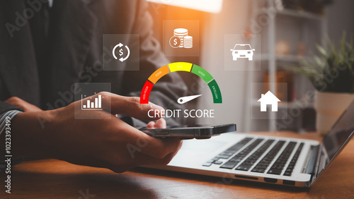 Tableau sur toile Businessman evaluate customer statistical data with credit score icon