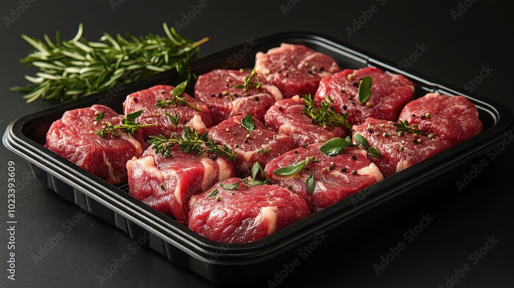 Plastic Beef Tray Mockup Featuring Black and White Label Design for Packaging Plastic Beef Tray Mockup Featuring Black and White Label Design for Packaging