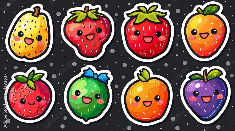 Set of sticker comic character fruit and phrase. Groovy strawberry flower peach in 60s 70s. Retro labels with trendy food Set of sticker comic character fruit and phrase. Groovy strawberry flower peach in 60s 70s. Retro labels with trendy food