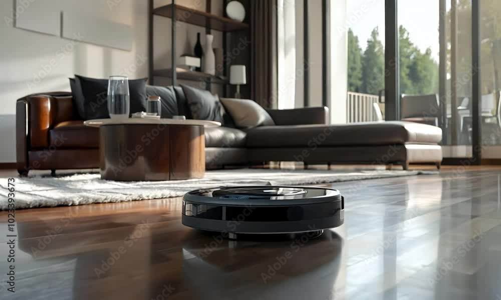 A robotic vacuum cleaner on a wooden floor in a modern living room setting. A robotic vacuum cleaner on a wooden floor in a modern living room setting.