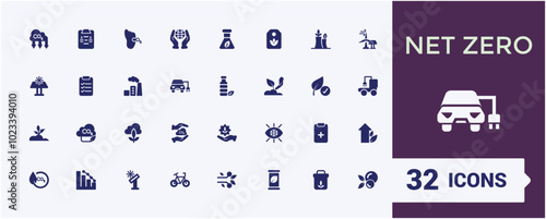 Net zero solid eco icons set. Icons collection for white background web and ui. Pixel perfect. Editable filled icon pack. Vector illustration.